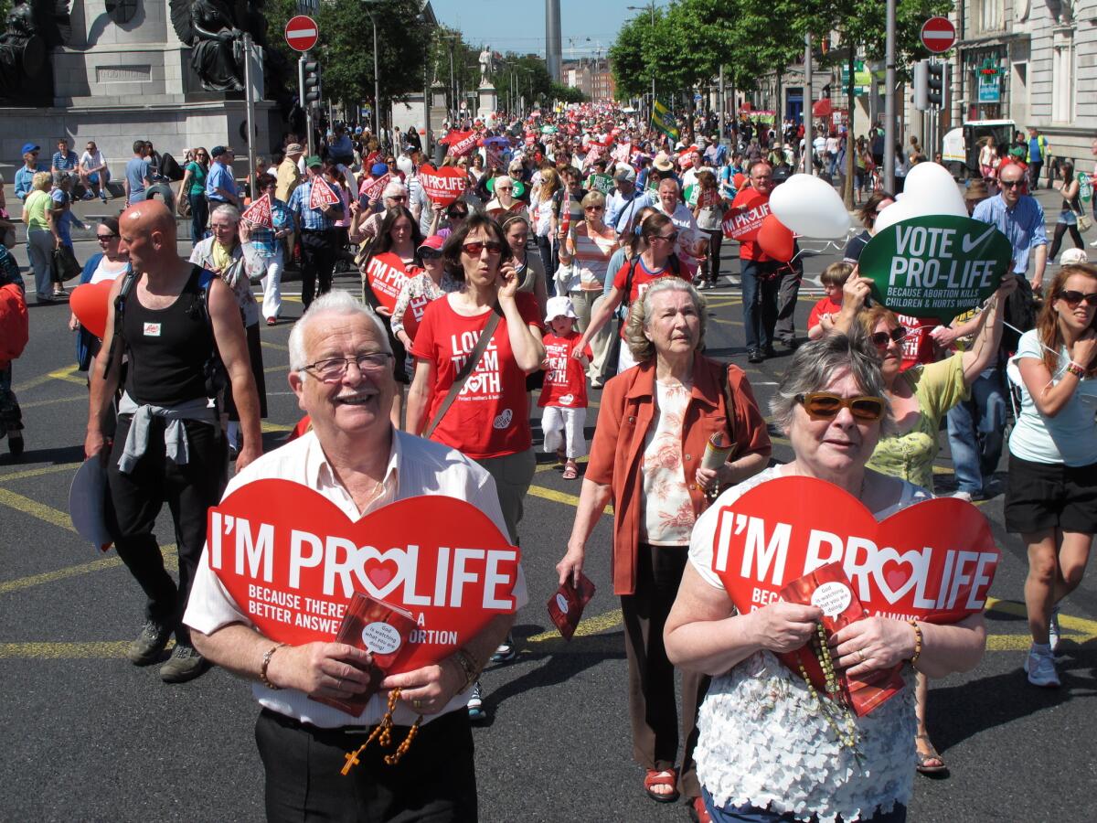 Anti-abortion protesters march through the Irish capital, Dublin, in July 2013. Appeals by the family of a brain-dead pregnant woman to have her taken off life support have reignited debate about the country's strict abortion laws.