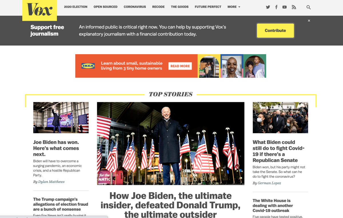 This is the vox.com homepage after Joe Biden was elected president.