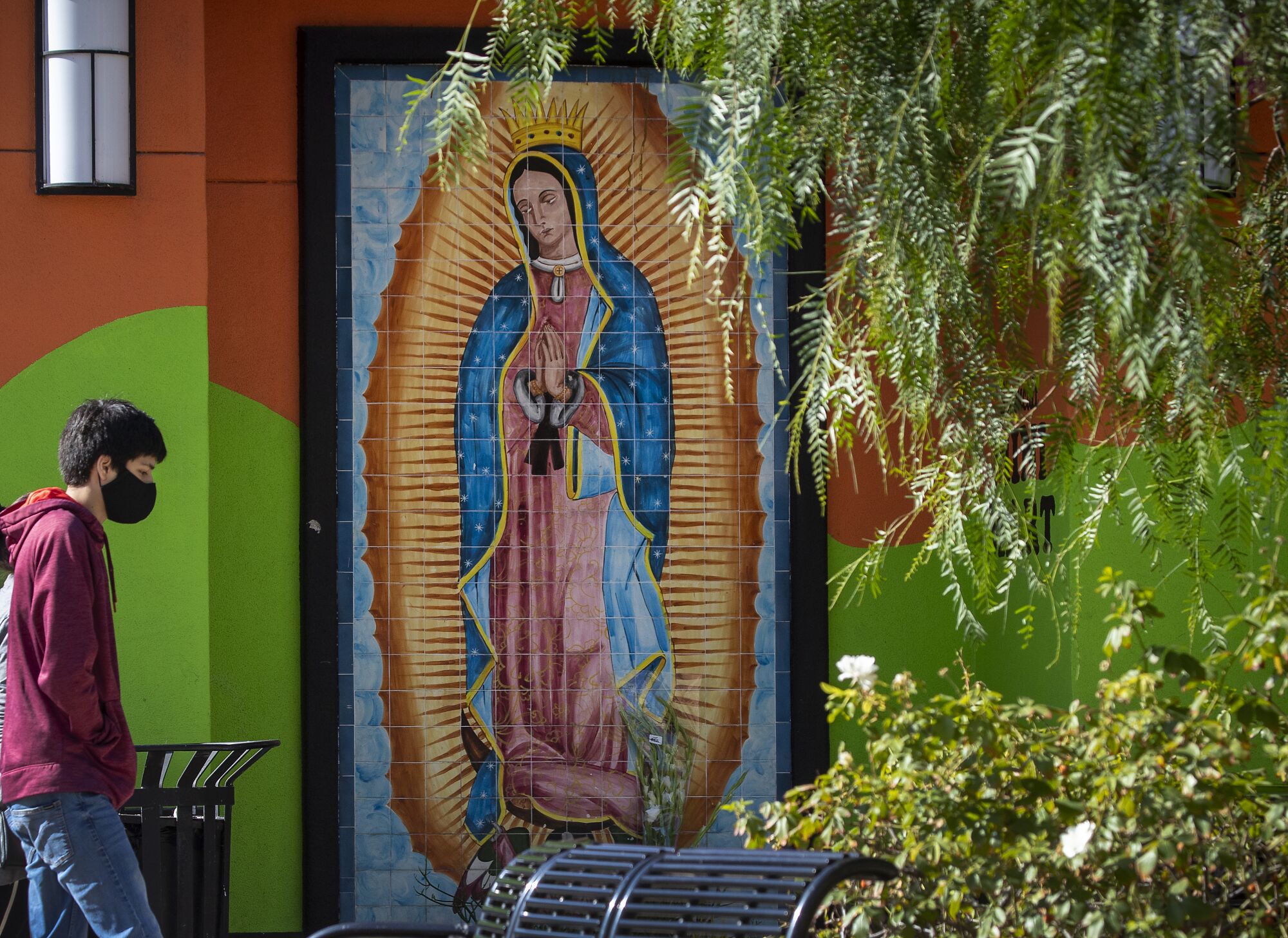 A tile mural of the Virgin of Guadalupe