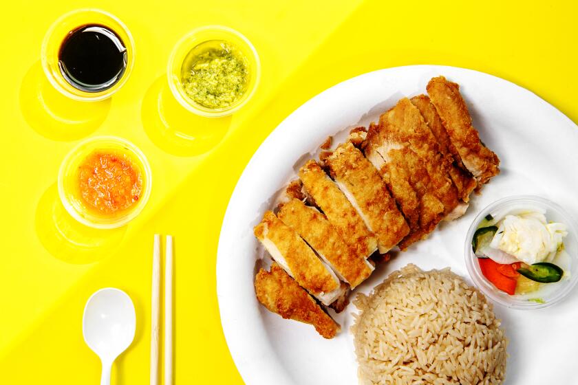 PASADENA, CA - OCTOBER 19: Fried hainan chicken from Cluck2Go on Monday, Oct. 19, 2020 in Pasadena, CA. (Mariah Tauger / Los Angeles Times)