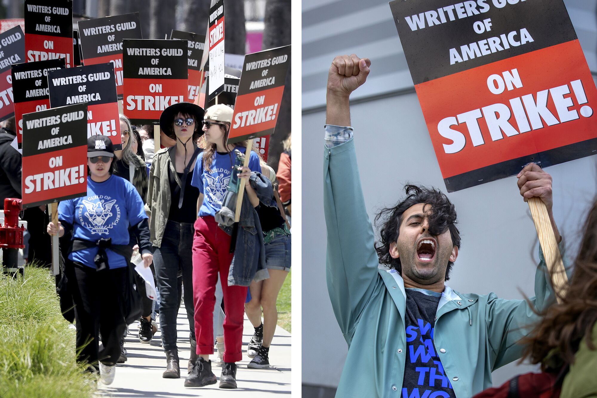 Solda, pankartlarla bir grup protestocu ve sağda, yumruğunu kaldırmış ve elinde bir pankartla ilahiler söyleyen bir adam 