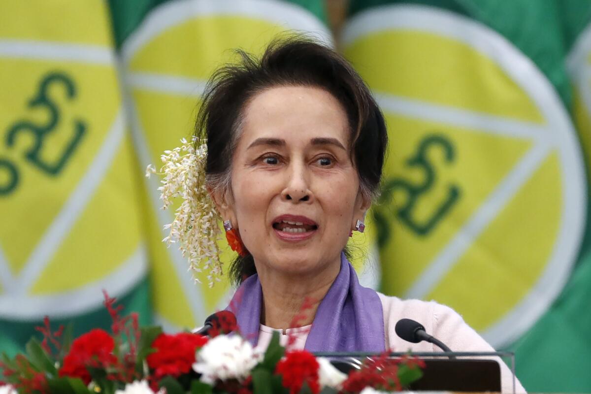 Myanmar's then-leader Aung San Suu Kyi delivers a speech