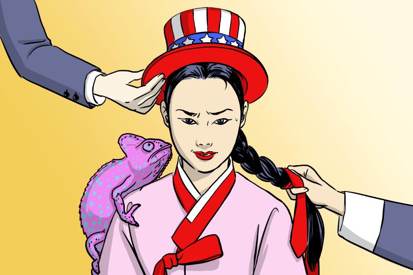 Illustration of a Korean woman in hanbok and a red, white and blue hat and a chameleon on her shoulder.