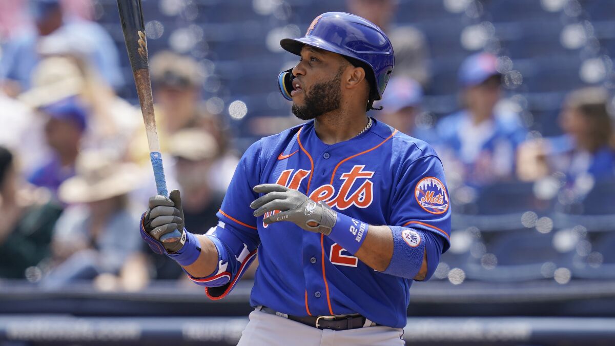 Former Mets infield Robinson Cano bats during an April 4 spring training baseball game in West Palm Beach, Fla.