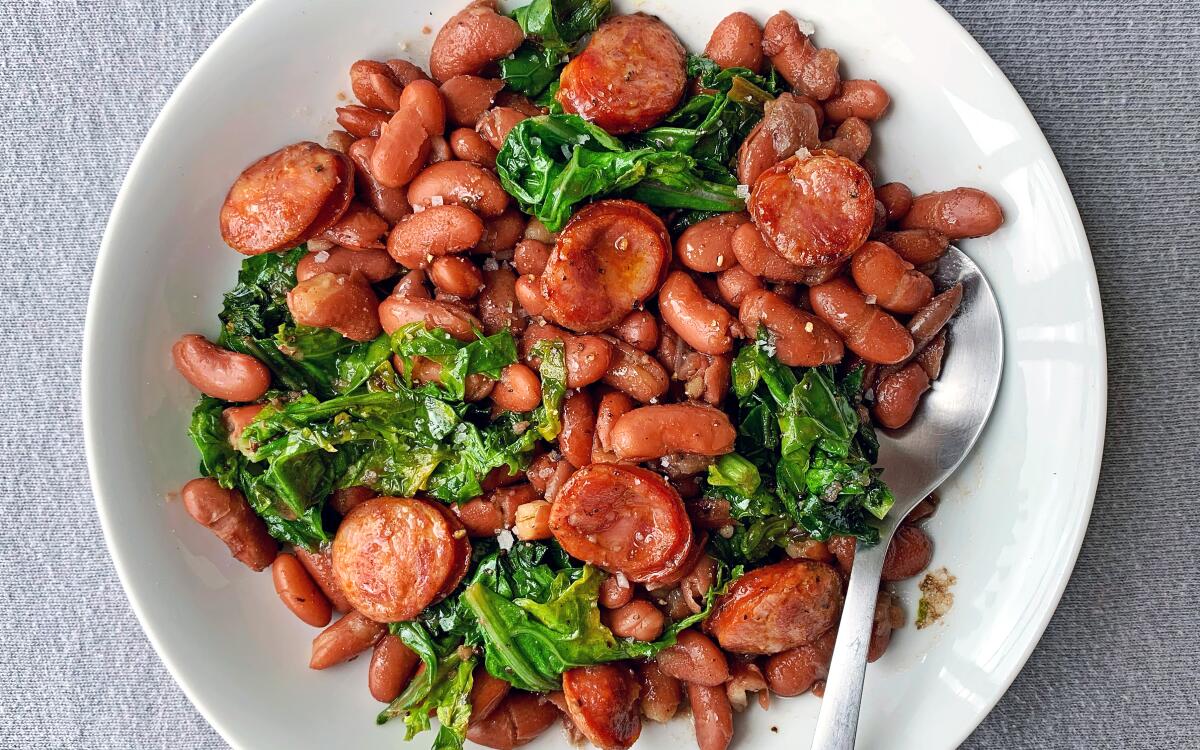 Red beans and greens with andouille sausage