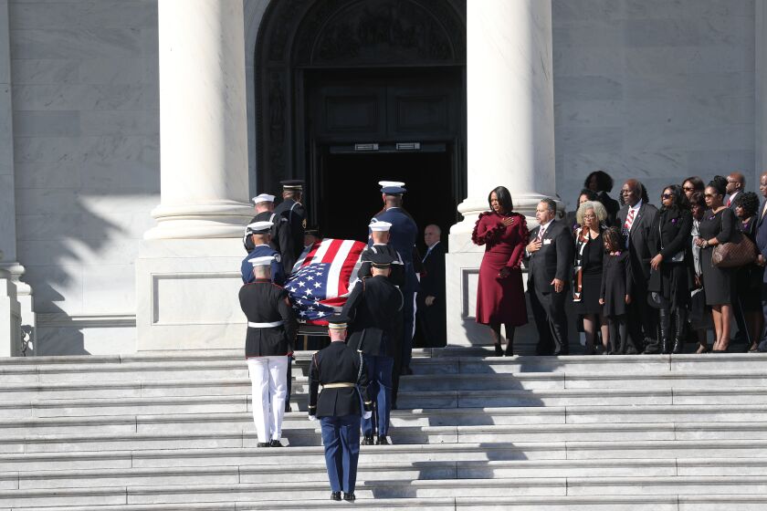 Mandatory Credit: Photo by SIPHIWE SIBEKO/POOL/EPA-EFE/REX (10455438b) The casket of late US Representative Elijah Cummings (D-MD), is carried up the East Front Steps of the US Capitol prior to lying in state inside Statuary Hall in Washington, DC, USA, 24 October 2019. Late Maryland Representative Elijah Cummings died on 17 October 2019. Late US Representative Elijah Cummings to lie in state at the U.S. Capitol, Washington, Usa - 24 Oct 2019 ** Usable by LA, CT and MoD ONLY **