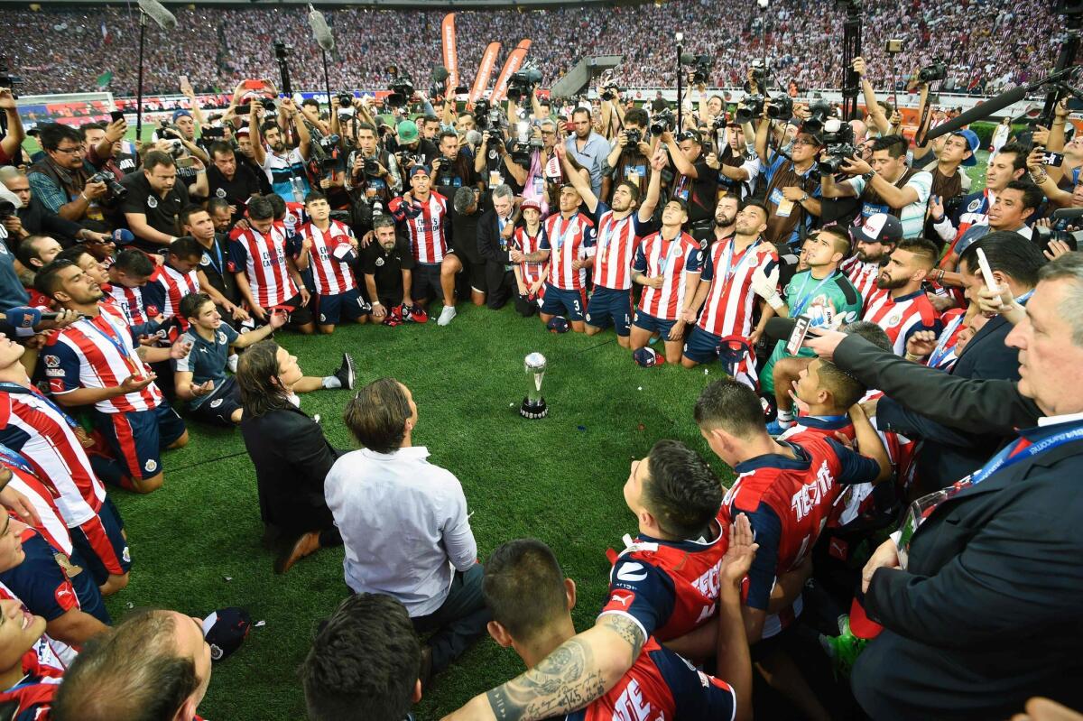 Guadalajara players and owner Jorge Vergara (R) celebrate their victory against Tigres during the final match of the Mexican Clausura 2017 football tournament, at the Chivas stadium in Guadalajara, Mexico, May 28, 2017. / AFP PHOTO / ALFREDO ESTRELLAALFREDO ESTRELLA/AFP/Getty Images ** OUTS - ELSENT, FPG, CM - OUTS * NM, PH, VA if sourced by CT, LA or MoD **