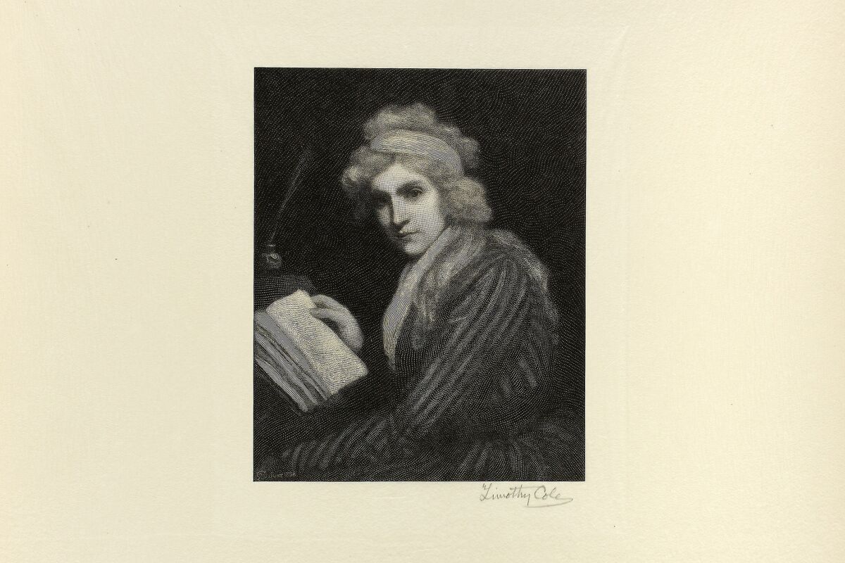 A black ink print on ivory paper shows Mary Wollstonecraft in a striped gown, paging through a book