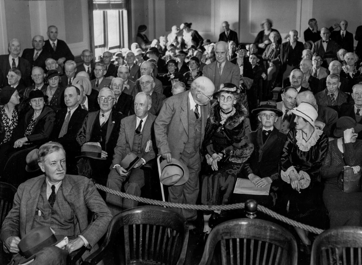 April 28, 1936: Spectators fill the room for a congressional subcommittee hearing in Los Angeles on the Townsend Pension Plan.