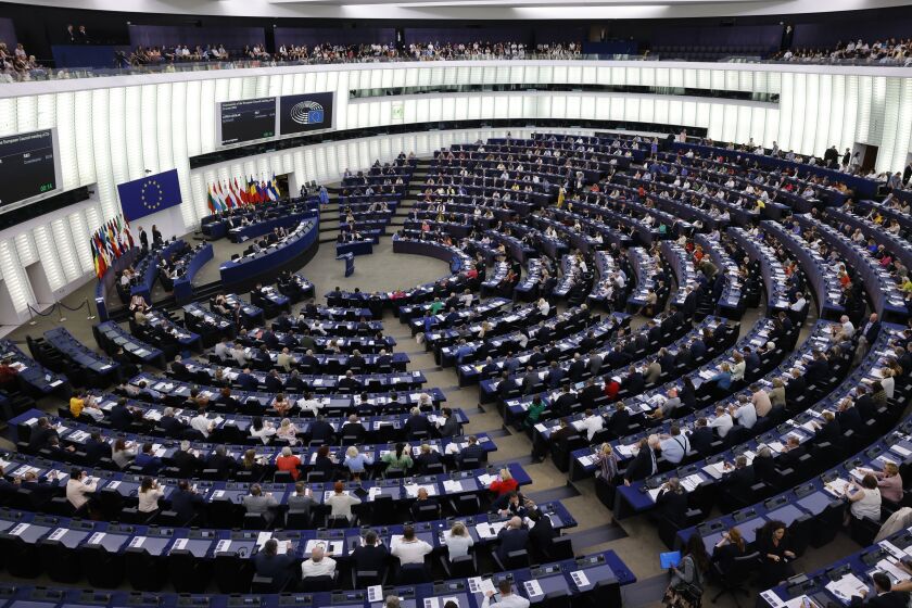 European lawmakers gather to vote at the European Parliament, Wednesday, July 6, 2022 in Strasbourg, eastern France. European Union lawmakers back plan to include natural gas, nuclear energy as sustainable activities(AP Photo/Jean-Francois Badias)