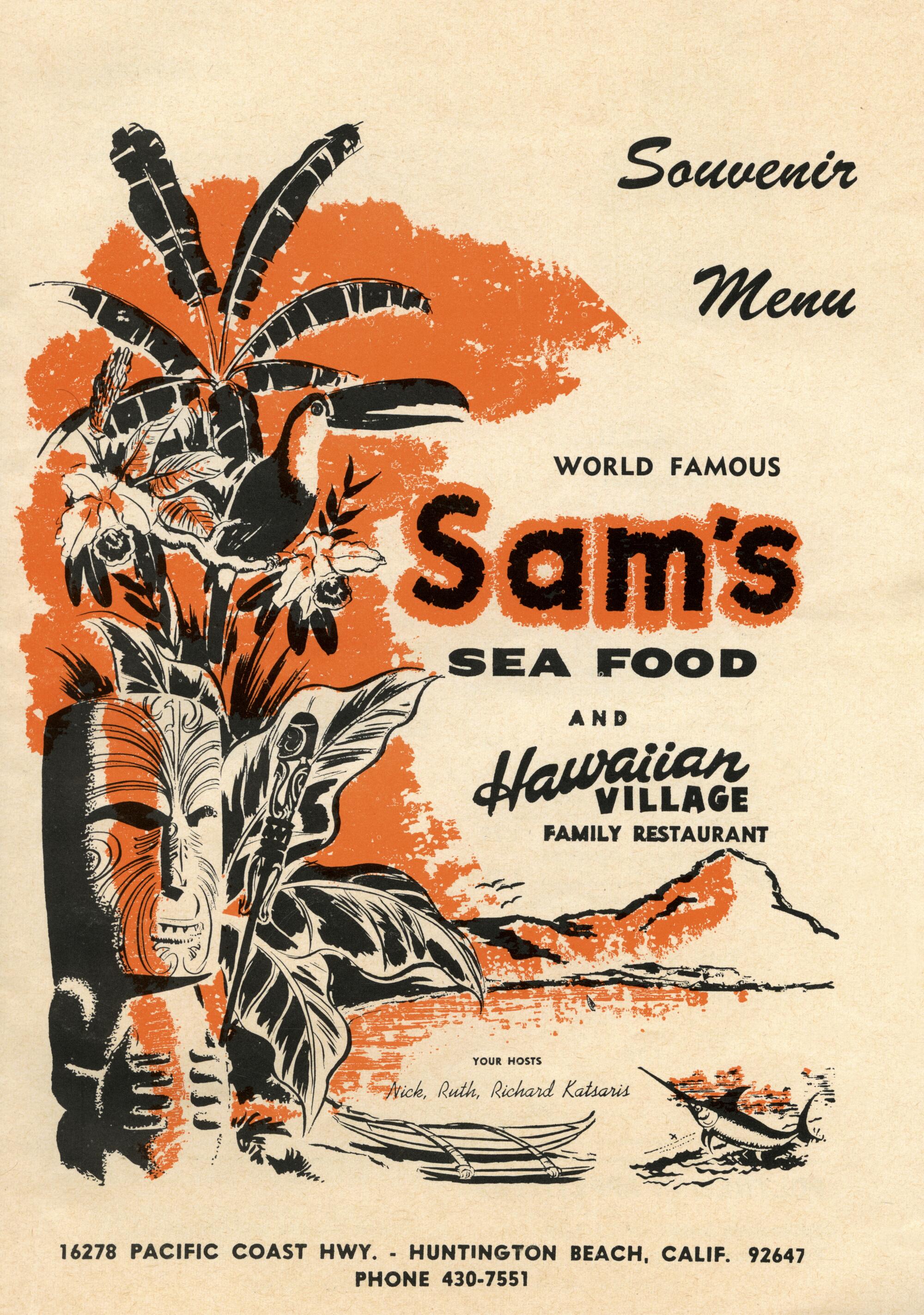 A menu for Sam's Sea Food and Hawaiian Village Restaurant.