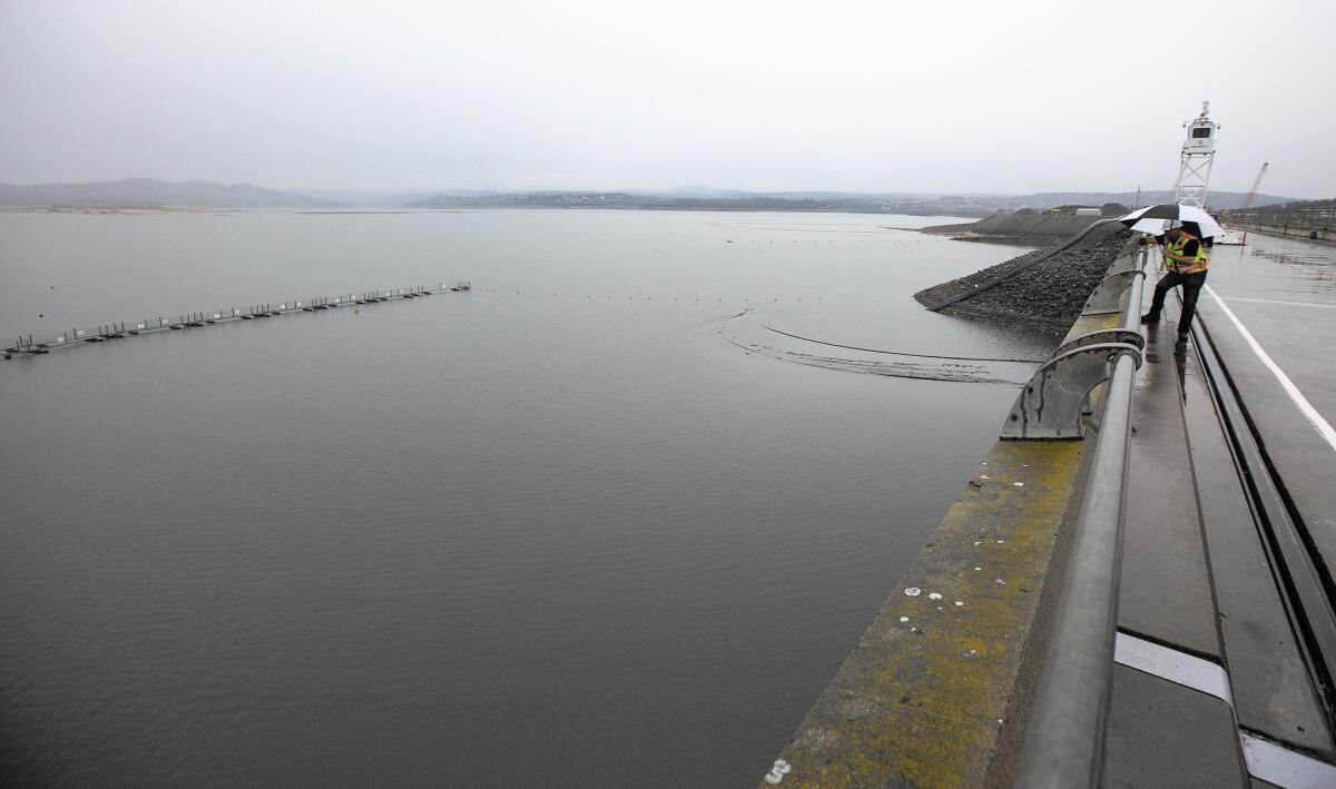 Folsom Dam on the American River. Folsom Lake had dropped so low that boaters could see the foundations of Red Bank, a community that went under in 1955 when the lake was created.