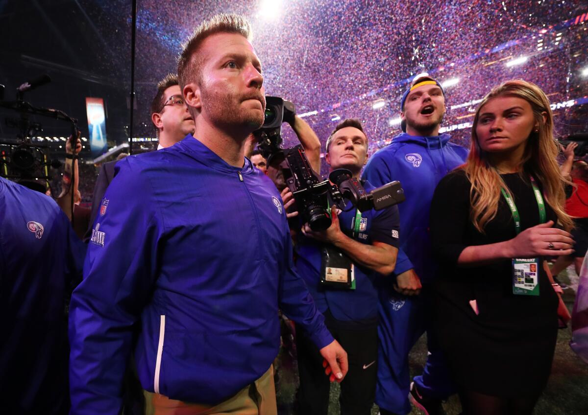 ATLANTA, GA - FEBRUARY 03: Head coach Sean McVay of the Los Angeles Rams walks offsides the field after the New England Patriots defeat the Rams 13-3 during Super Bowl LIII at Mercedes-Benz Stadium on February 3, 2019 in Atlanta, Georgia. (Photo by Jamie Squire/Getty Images) ** OUTS - ELSENT, FPG, CM - OUTS * NM, PH, VA if sourced by CT, LA or MoD **