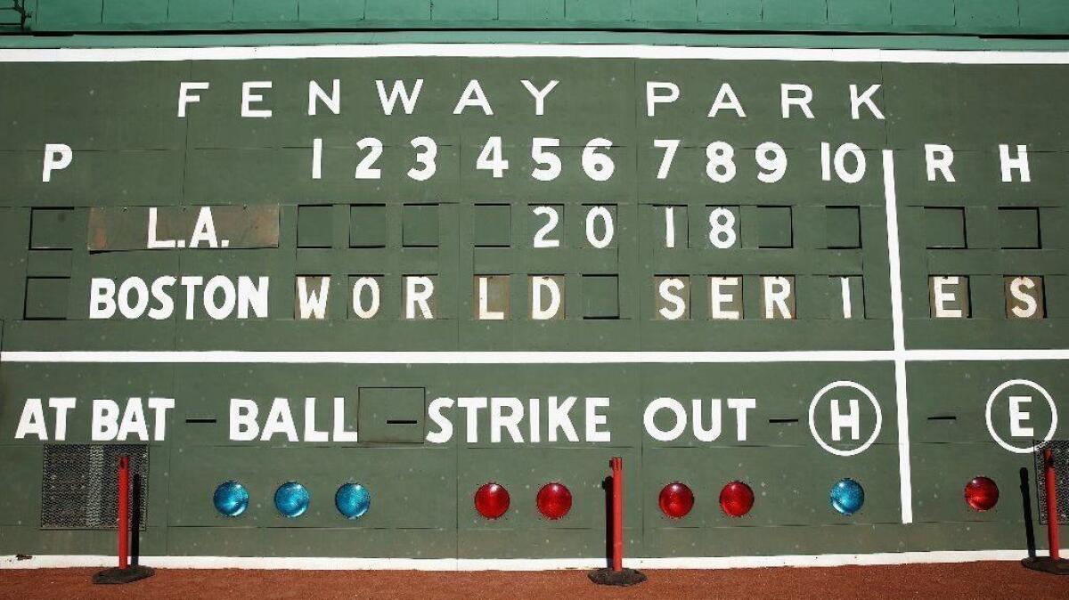 The left field scoreboard at Boston's Fenway Park is shown on Monday.