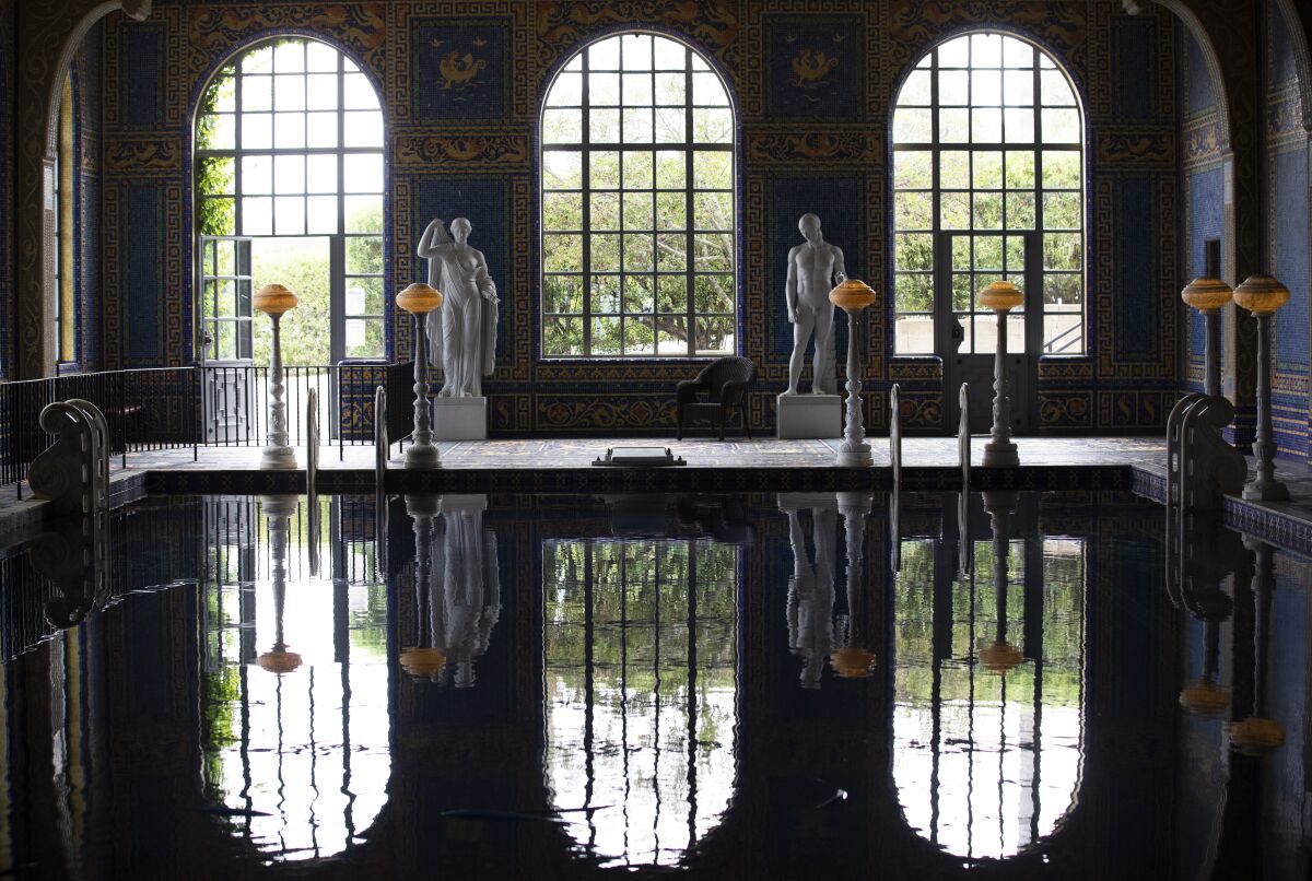 The Roman Pool at Hearst Castle is adorned with eight statues of Roman heroes, gods and goddesses.