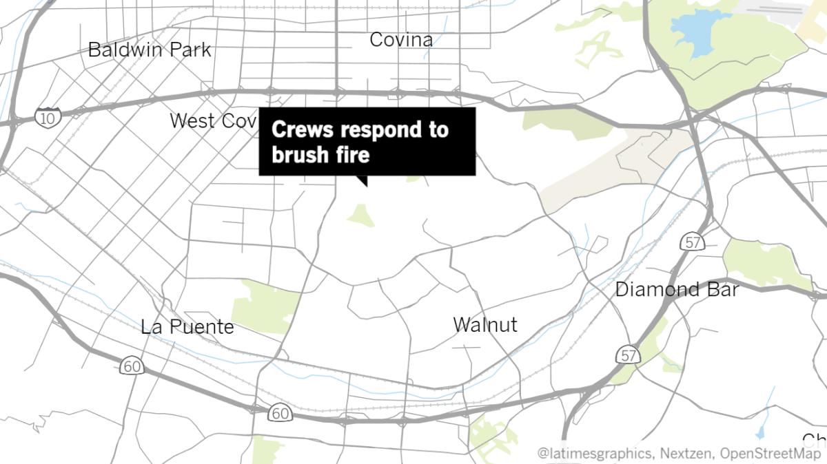 A map shows the location of a brush fire at the 1500 block of Westridge Road by Galster Wilderness Park in West Covina