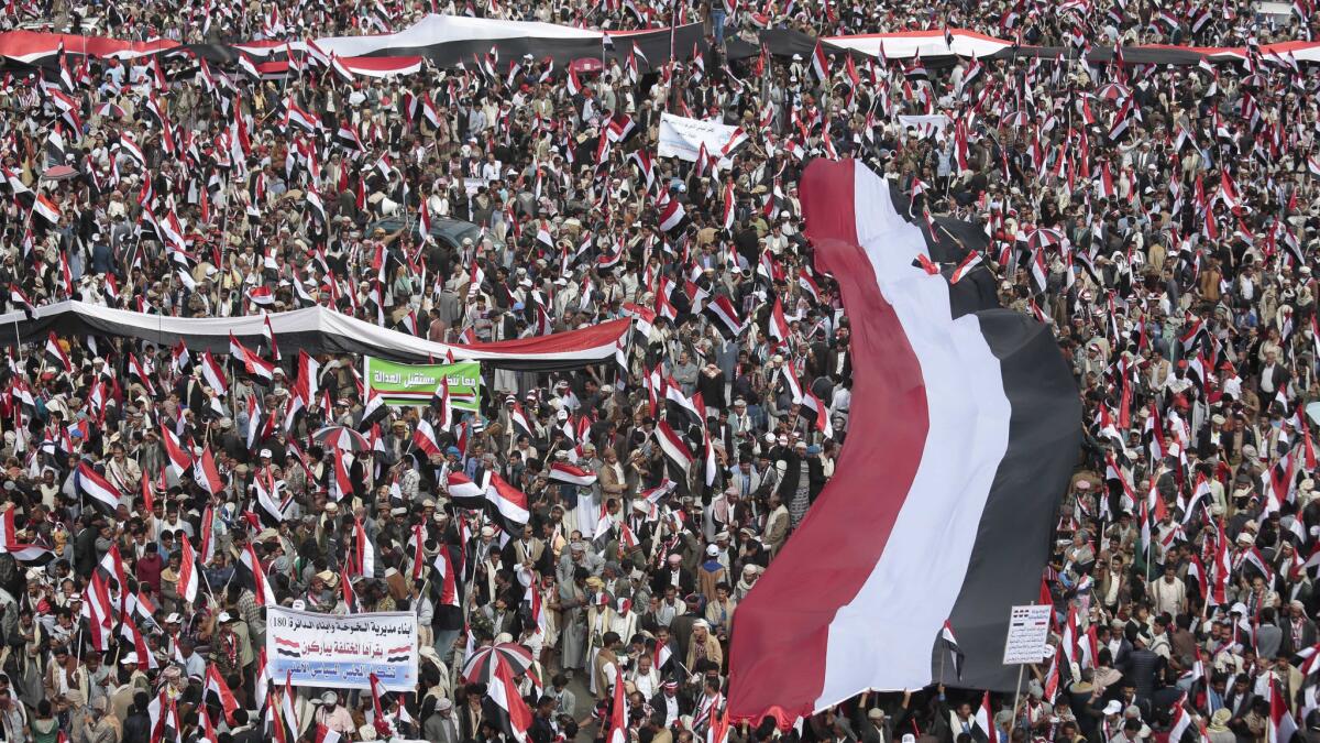 Hundreds of thousands of Yemenis march in the rebel-held capital, Sana, on Aug. 20, 2016, in support of a new combined governing council announced late last month.