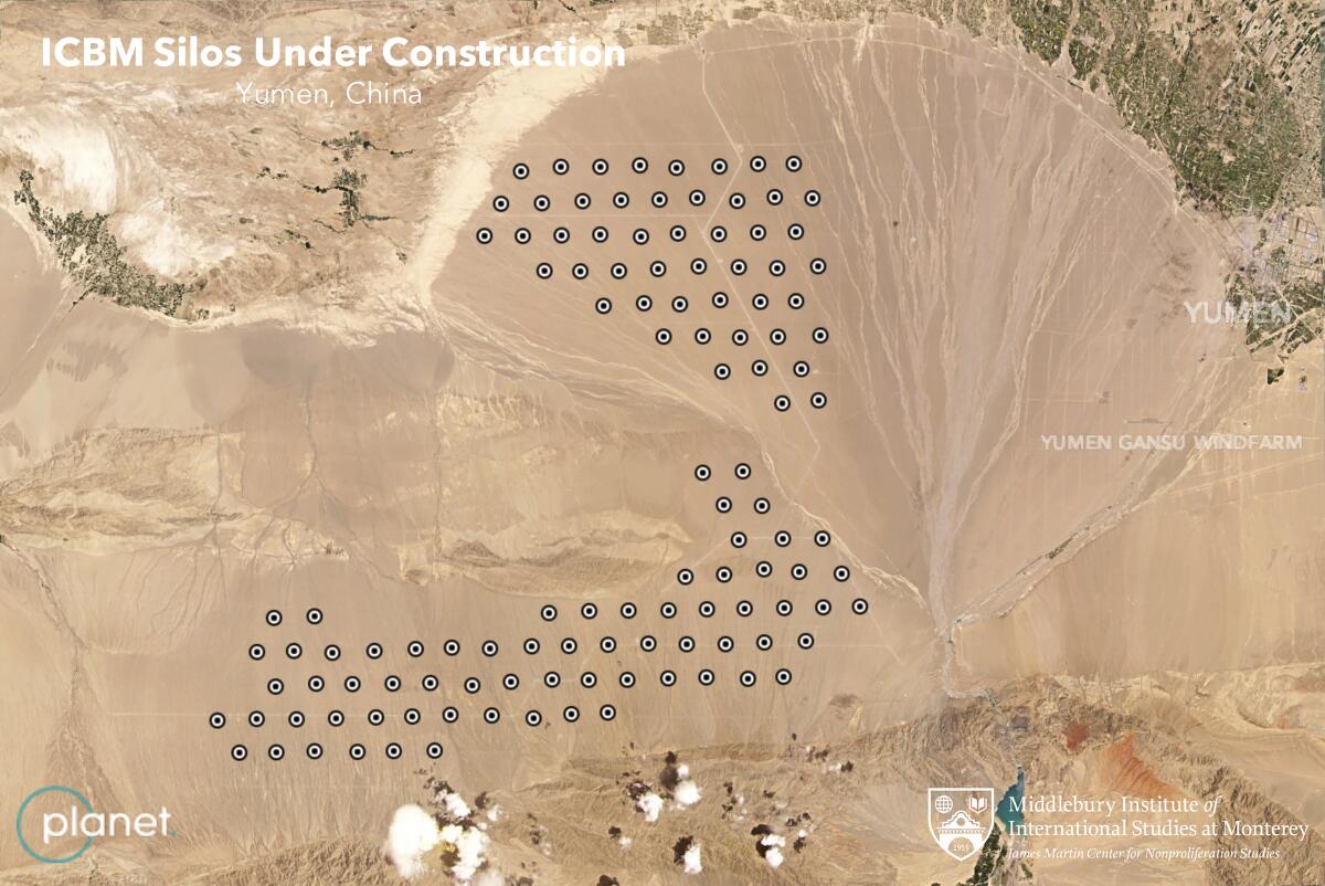 A field of intercontinental ballistic missile silos near Yumen, China.