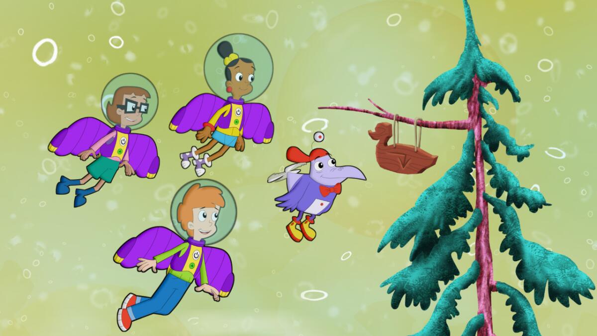 Cartoon kids in clear bubble helmets and a cartoon bug fly up to inspect a duck carving hanging from a tree's branch.