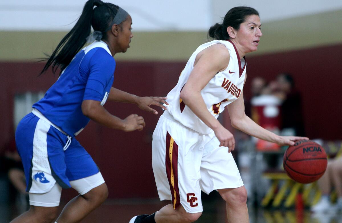 Glendale Community College basketball player Vicky Oganyan looks to pass in game vs. West Los Angeles College, at home in Glendale on Saturday, Feb. 1, 2020. GCC won it's 21st consecutive game 78-55.
