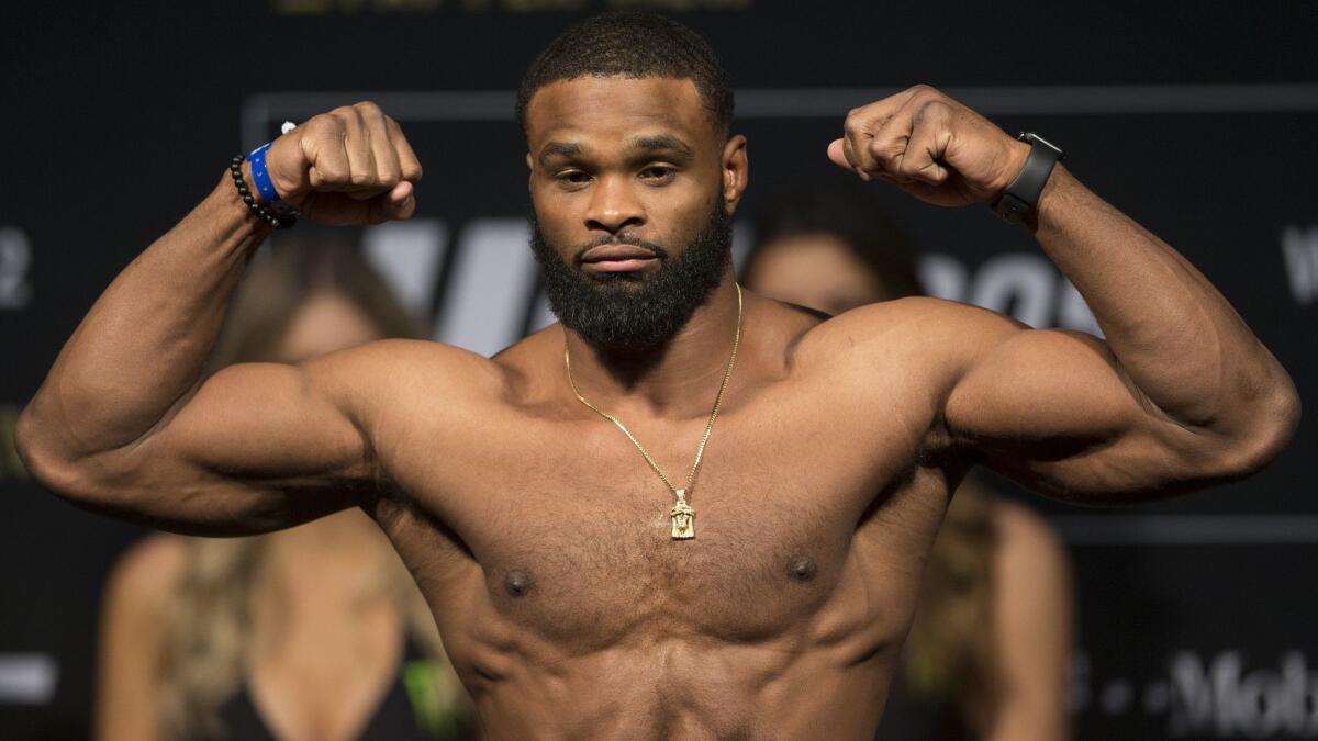 Tyron Woodley poses during the UFC 209 weigh-in event at T-Mobile Arena on March 3, 2017, in Las Vegas.