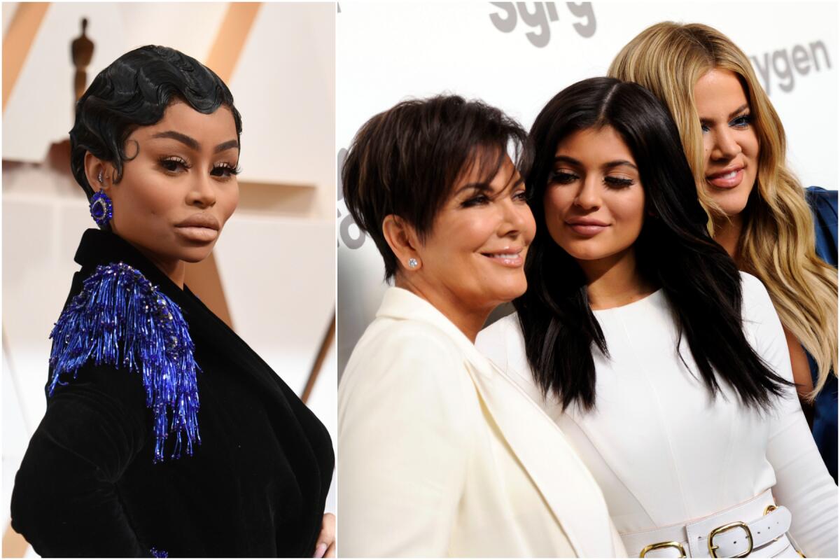 A split image of a woman with short black hair posing in formalwear, left, and a trio of women posing in formalwear