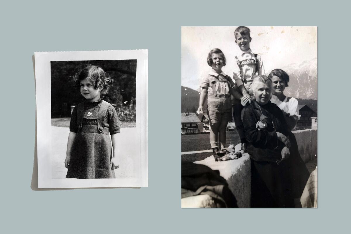 Photographs of Marjorie Perloff as a child on the left and one with her family on the right.