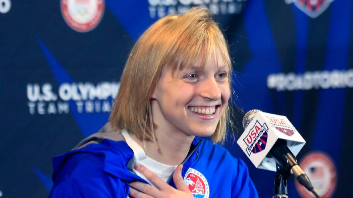 Swimmer Katie Ledecky speaks at a news conference during U.S. Olympic team trials on June 24.