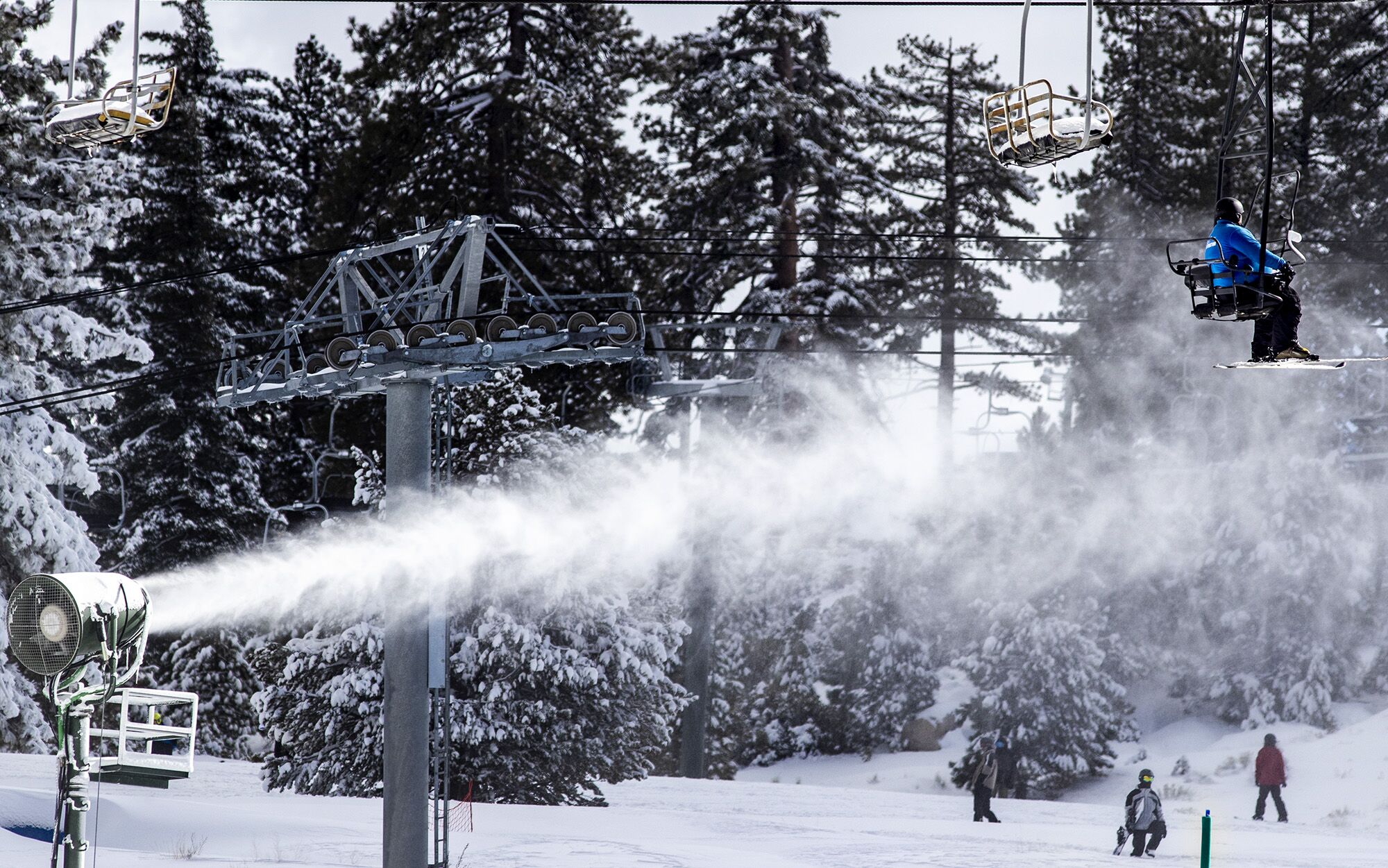 Man-made snow augments fresh snow at Snow Valley Mountain Resort in Running Springs, Calif.