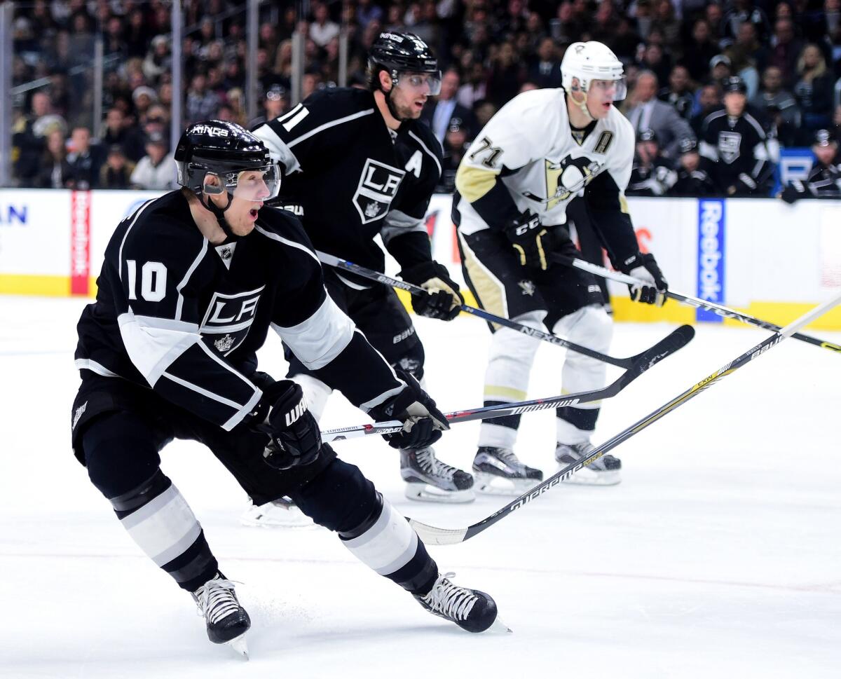 Defenseman Christian Ehrhoff (10) scores against the Penguins to give the Kings a 2-0 lead over Pittsburgh during the second period of a game Dec. 5 at Staples Center.