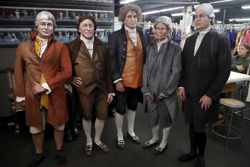Cast members who play in the Declaration of Independence tableau wait backstage before they take the stage in the 2021 Pageant of the Masters show "Made in America."