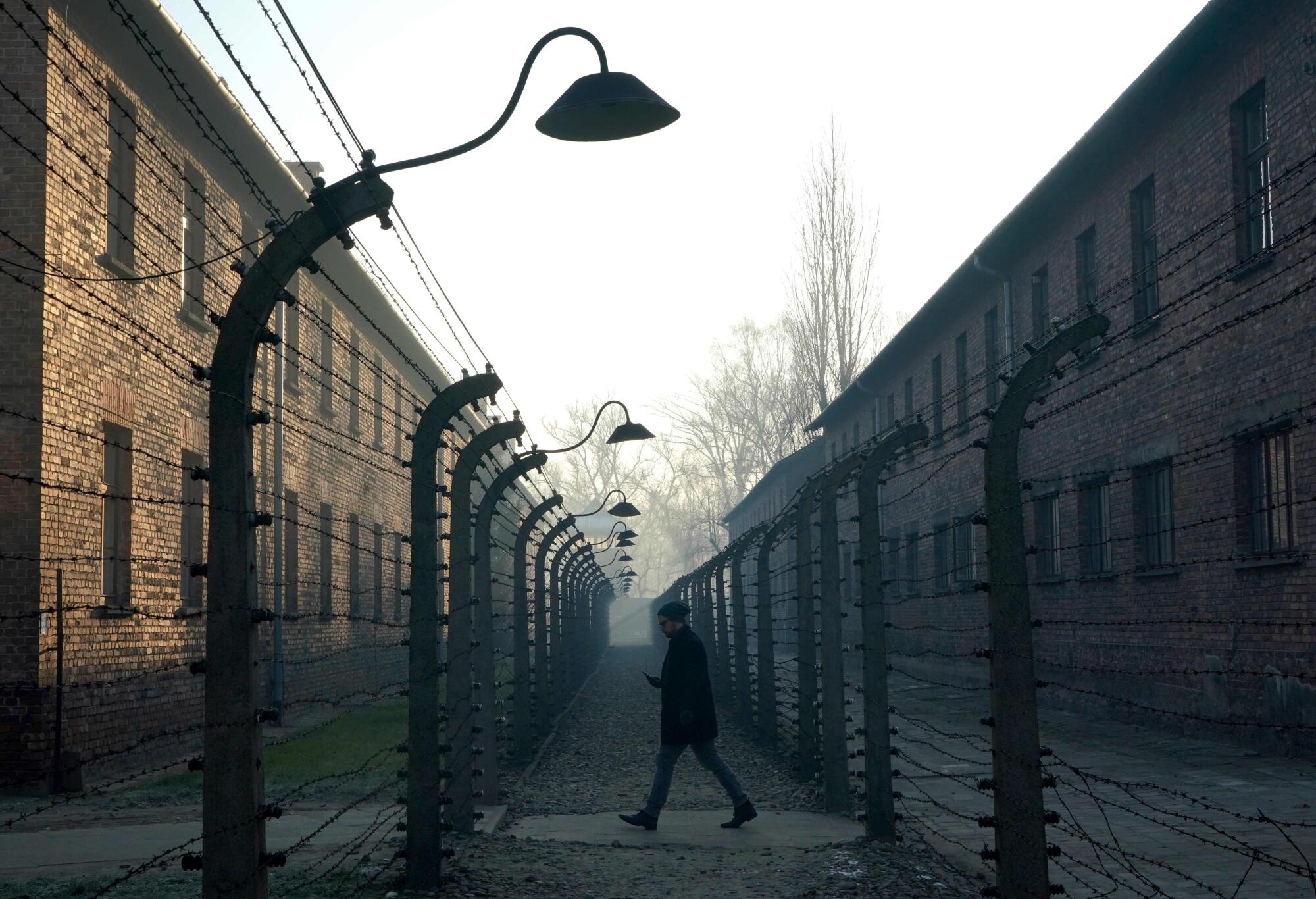 A man walks by the barbed-wire fence of Auschwitz in December.