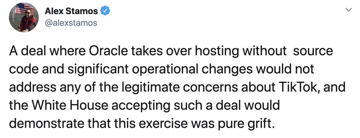 Alex Stamos, Facebook's former security chief, is skeptical about the Oracle/TikTok deal.