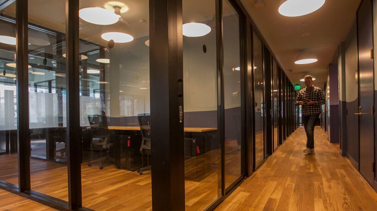 All WeWork private offices are enclosed in glass to encourage networking while muffling most sounds from neighbors.