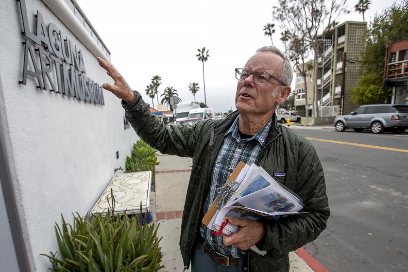 Laguna Beach, CA - March 14: Bill Hoffman, a Laguna Beach resident who gives tours of his hometown and other spots under his business "Hoffy Tours," talks about the Laguna Art Museum on Tuesday, March 14, 2023 in Laguna Beach, CA. (Scott Smeltzer / Daily Pilot)