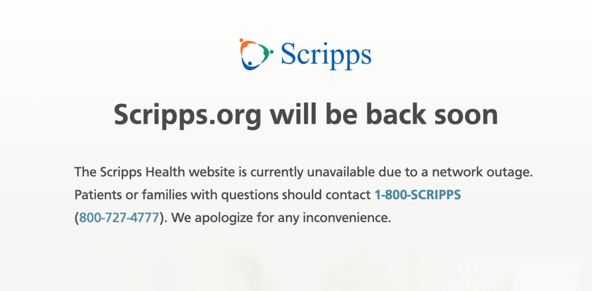 A screenshot of Scripps Health's main website on May 14.