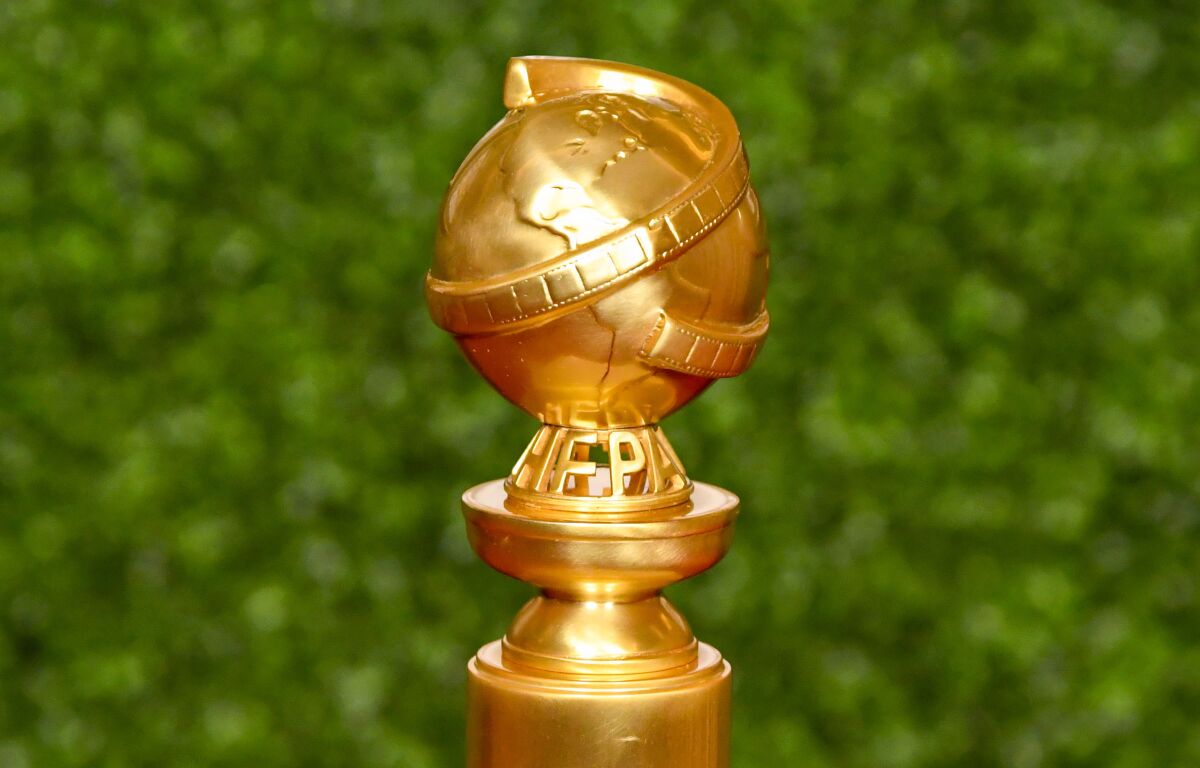 A view of the Golden Globe trophy on display during the 78th Golden Globe Awards.