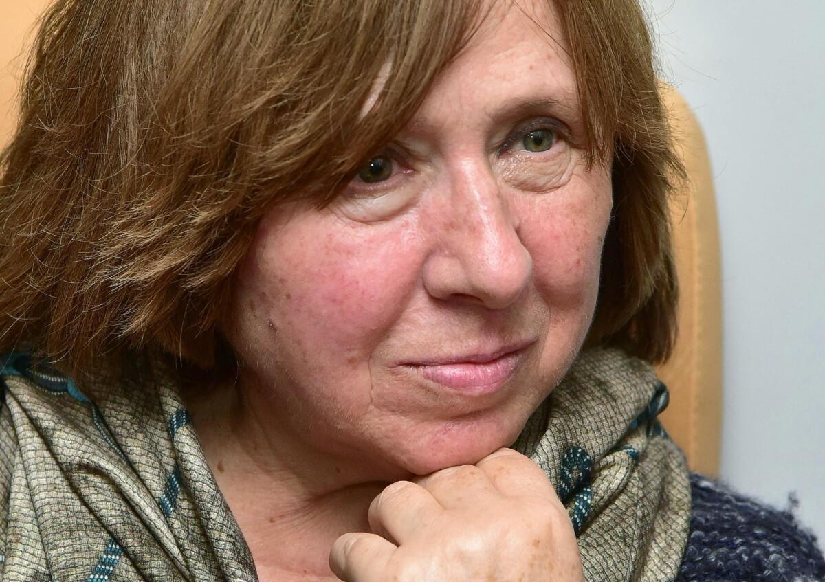 Svetlana Alexievich attends an Oct. 8 news conference in Minsk, Belarus, following the announcement that she had won the Nobel Prize in literature.