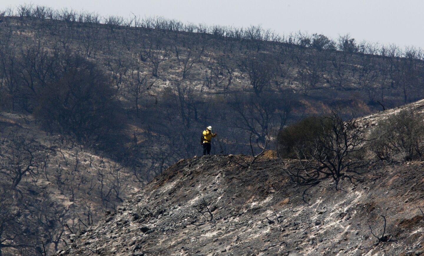 A firefighter is dwarfed by the burned hillside above Hidden Valley where the Springs fire burned.
