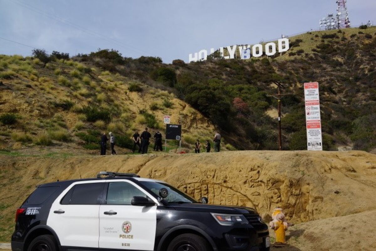 A police car in front of an altered Hollywood signing reading "Hollyboob"