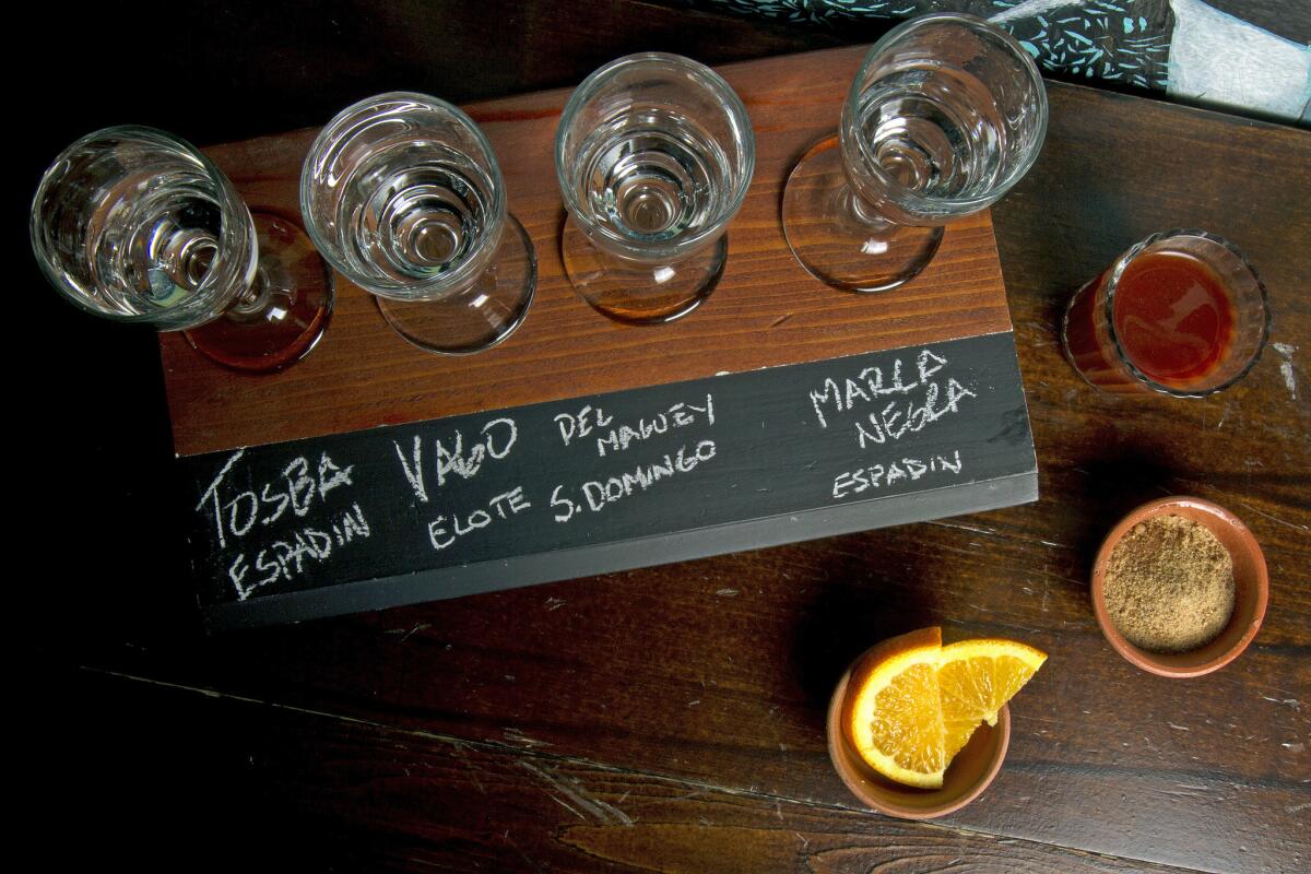 Flights of mezcal at Las Perlas in downtown Los Angeles.