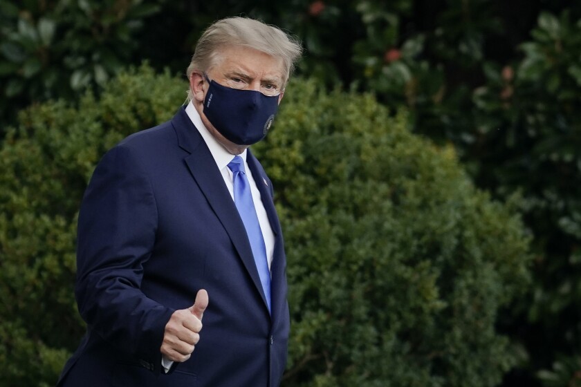WASHINGTON, DC - OCTOBER 02: U.S. President Donald Trump leaves the White House for Walter Reed National Military Medical Center on the South Lawn of the White House on October 2, 2020 in Washington, DC. President Donald Trump and First Lady Melania Trump have both tested positive for coronavirus. (Photo by Drew Angerer/Getty Images)