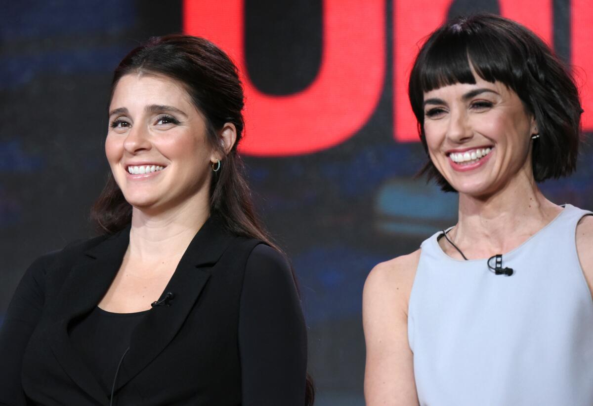 Shiri Appleby, left, and Constance Zimmer appear during the "Unreal" panel at the Lifetime 2016 Winter TCA.