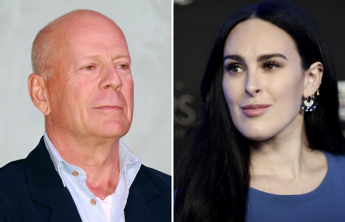 Separate photos of Bruce Willis looking calm in a jacket and collared shirt and Rumer Willis in a blue scoop-neck top