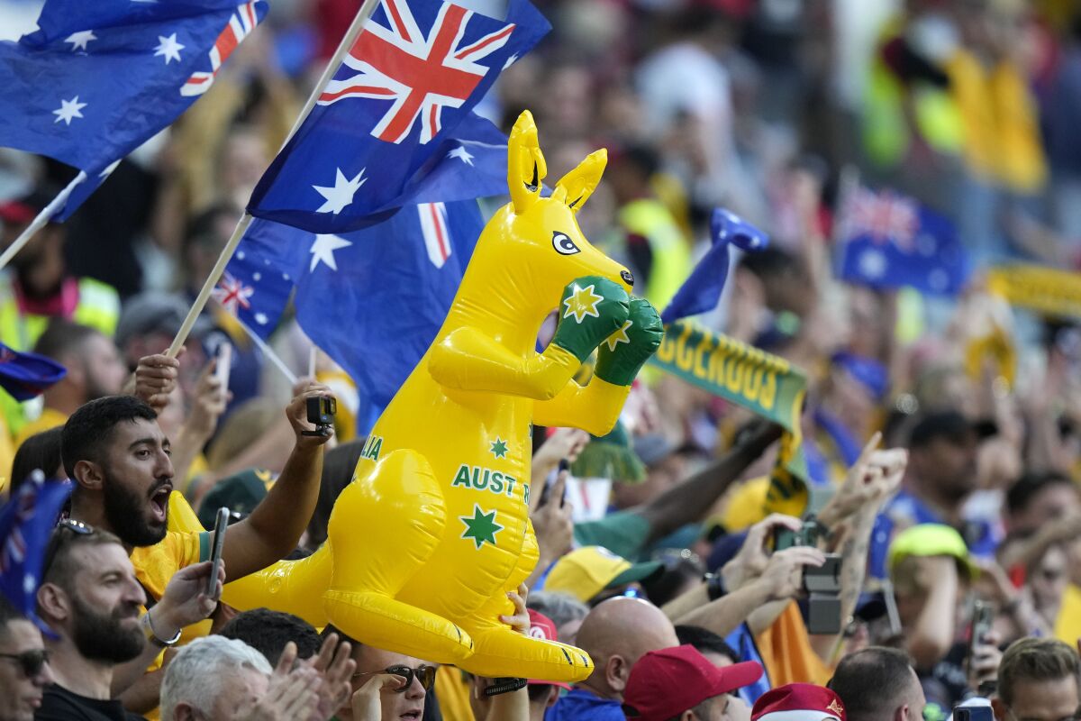 Australia's fans celebrate after winning the World Cup group D soccer match between Tunisia and Australia at the Al Janoub Stadium in Al Wakrah, Qatar, Saturday, Nov. 26, 2022. (AP Photo/Luca Bruno)