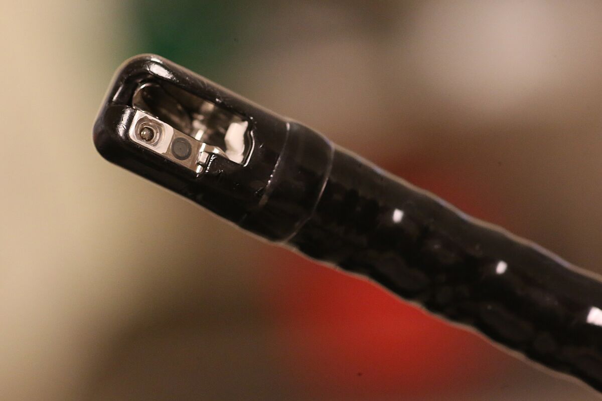 The front tip of an Olympus duodenoscope.