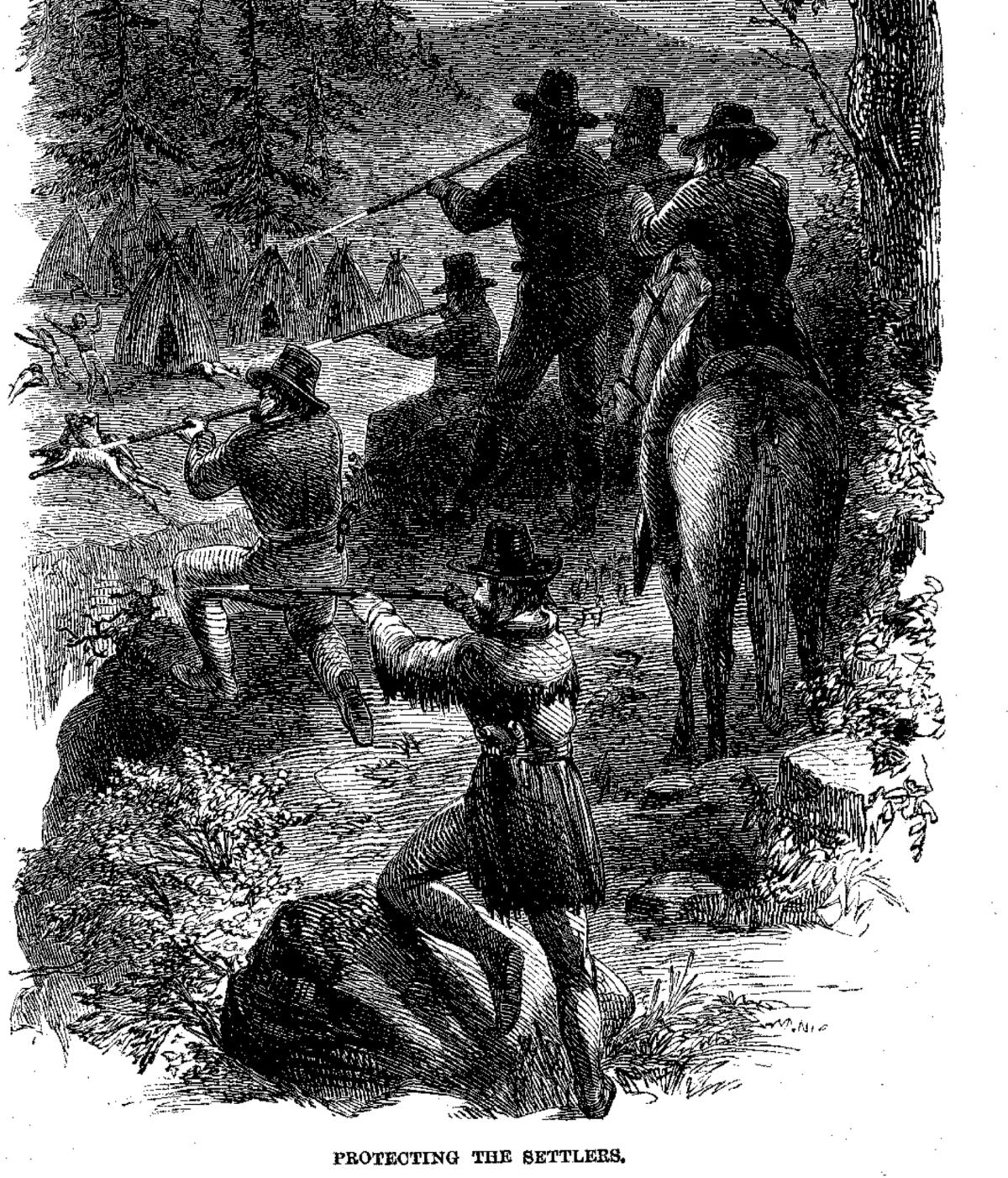 An 1861 etching shows people firing long guns.