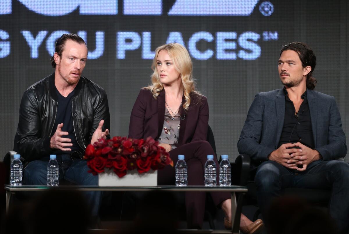 Actors Toby Stephens, left, Hannah New and Luke Arnold speak during the "Black Sails" panel discussion at the Television Critics Assn. winter tour in Pasadena.