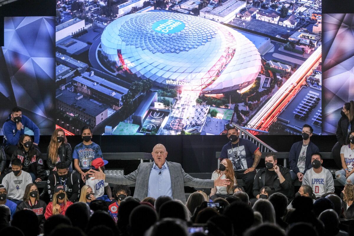 Los Angeles Clippers chairman Steve Ballmer speaks during a groundbreaking ceremony of the Intuit Dome, Friday, Sept. 17, 2021, in Inglewood, Calif. The Clippers' long-awaited, $1.8 billion, the privately funded arena is officially named Intuit Dome. The practice facility, team offices for both business and basketball operations, retail space, and more will all be on the site when it opens in 2024. (AP Photo/Ringo H.W. Chiu)