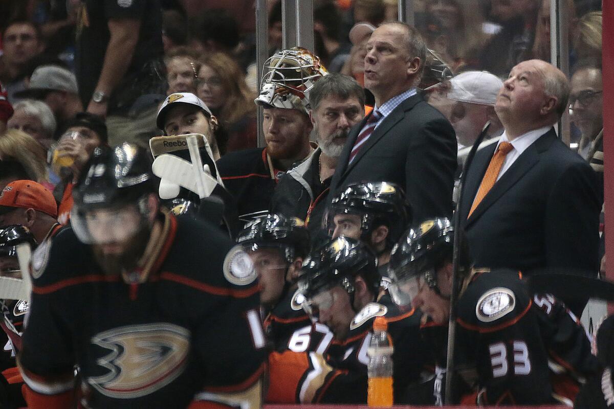 Bruce Boudreau looks up at the scoreboard late in the third period of the Ducks' Game 7 loss to the Chicago Blackhawks in the Western Conference finals.